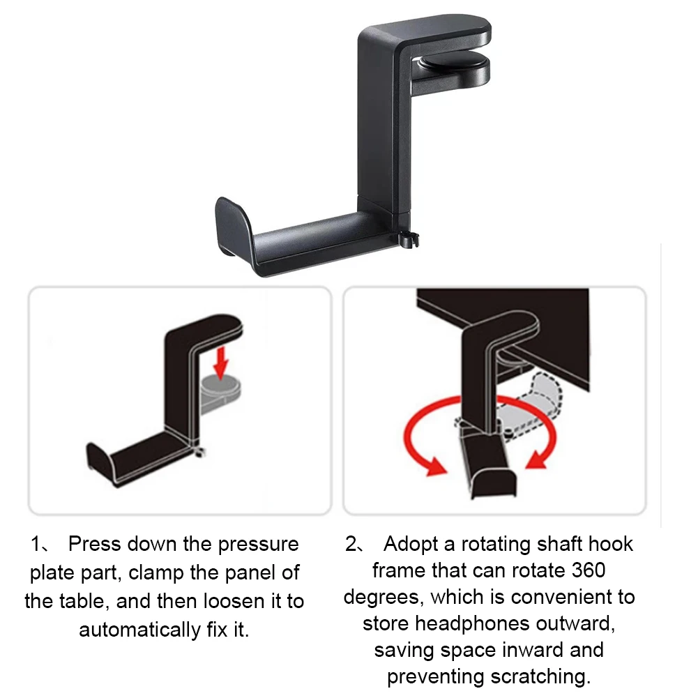 حامل سماعة الرأس تحت المكتب مع مشبك دوار 360 درجة ومشبك كابل منظم ومشبك على حامل سماعة الرأس وخطاف شماعات سماعة الرأس