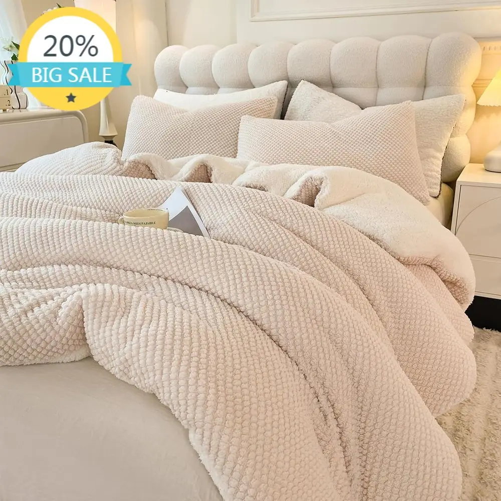 

Luxury King Size Sherpa Plush 3-Piece Bedding Set with 2 Pillowcases - Cream White, 104x90
