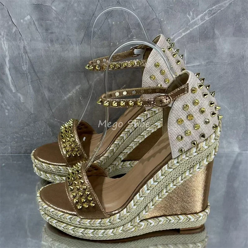 Golden Rivets Wedges High Heels Platform Sandals for Women Luxury Brand Design Cover Heel Designer Brand Design Shoes New