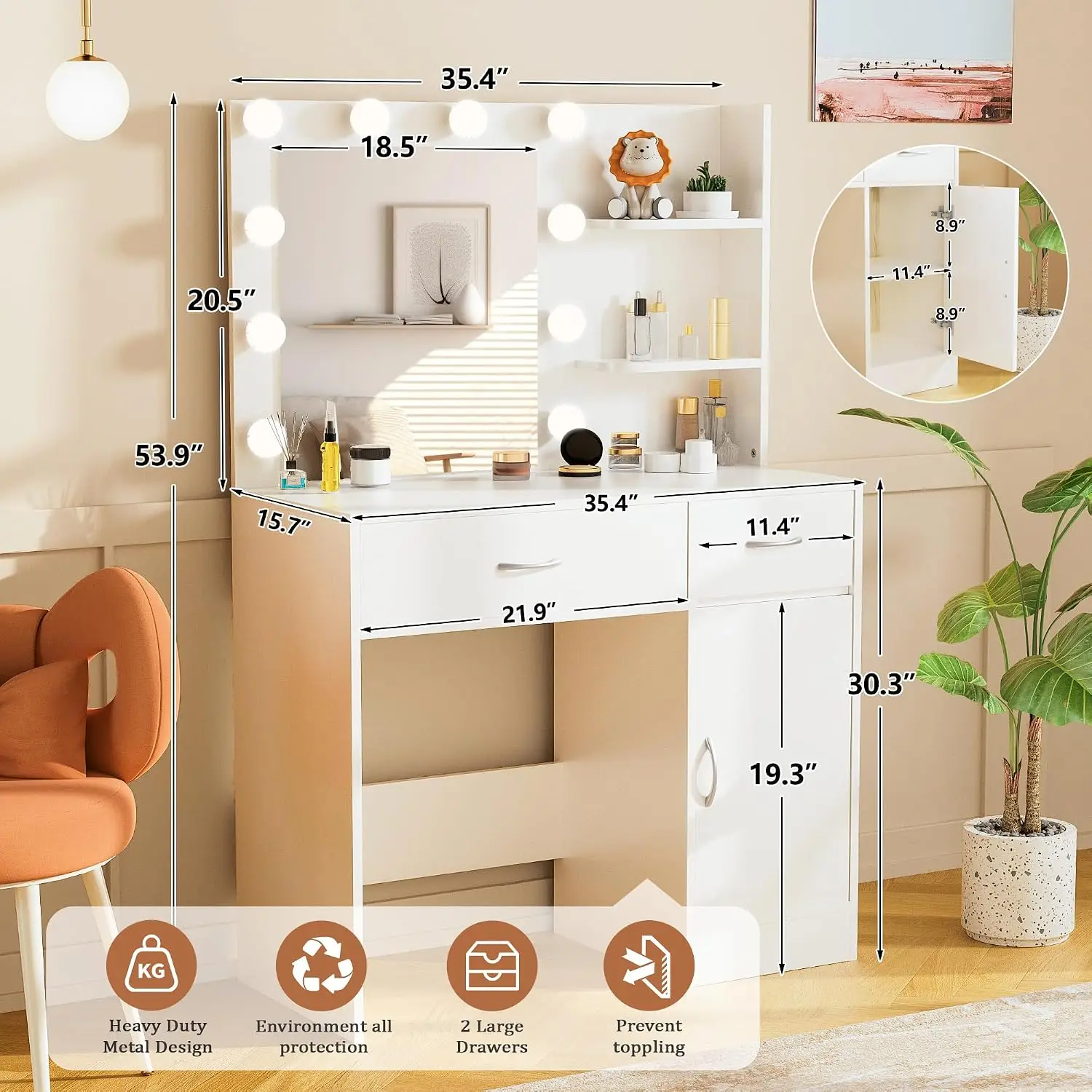 35.4" White Makeup Vanity Desk with 10 Hollywood Light Bulbs | Dimmable Lighting, Large Mirror, Storage Cabinet, Customized