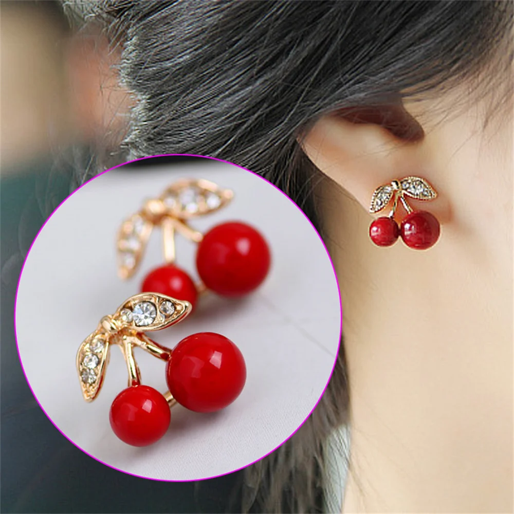Cute Fashion Red Acrylic Cherry Stud Earrings For Women KPOP Crystal Fruit Earrings Ladies Party Jewelry Ear Accessories