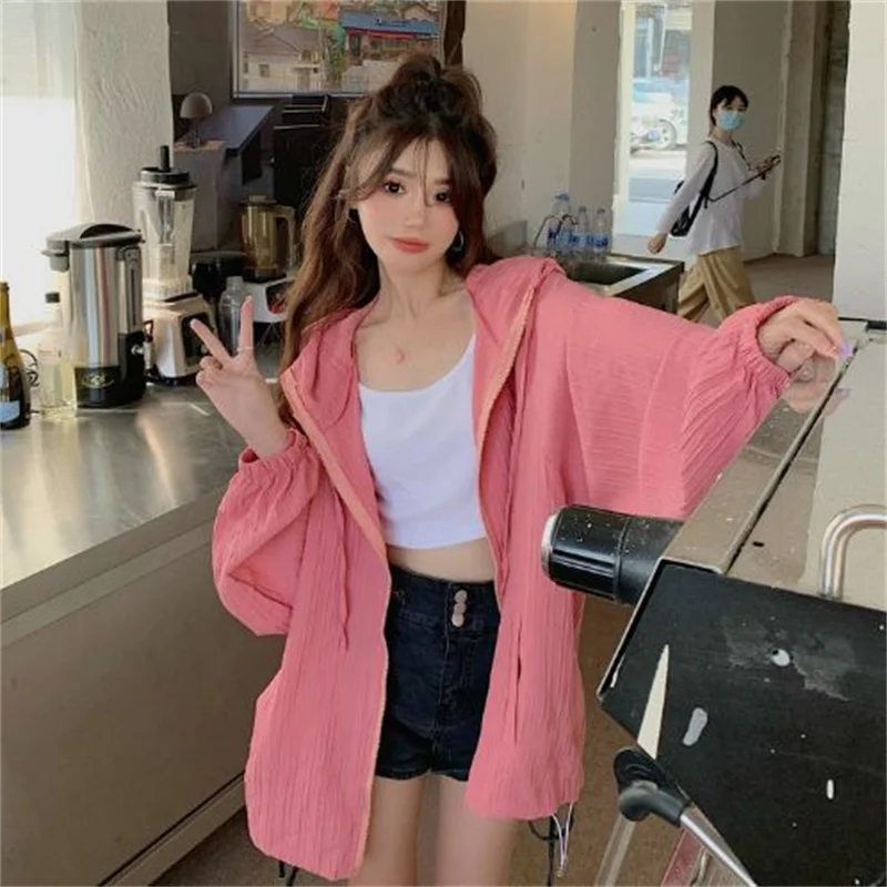 Lazy Wind Solid Color Female Hooded Mid Length Version Sunscreen Clothing Tops Coat Summer Thin Women Leisure Sunscreen Jacket