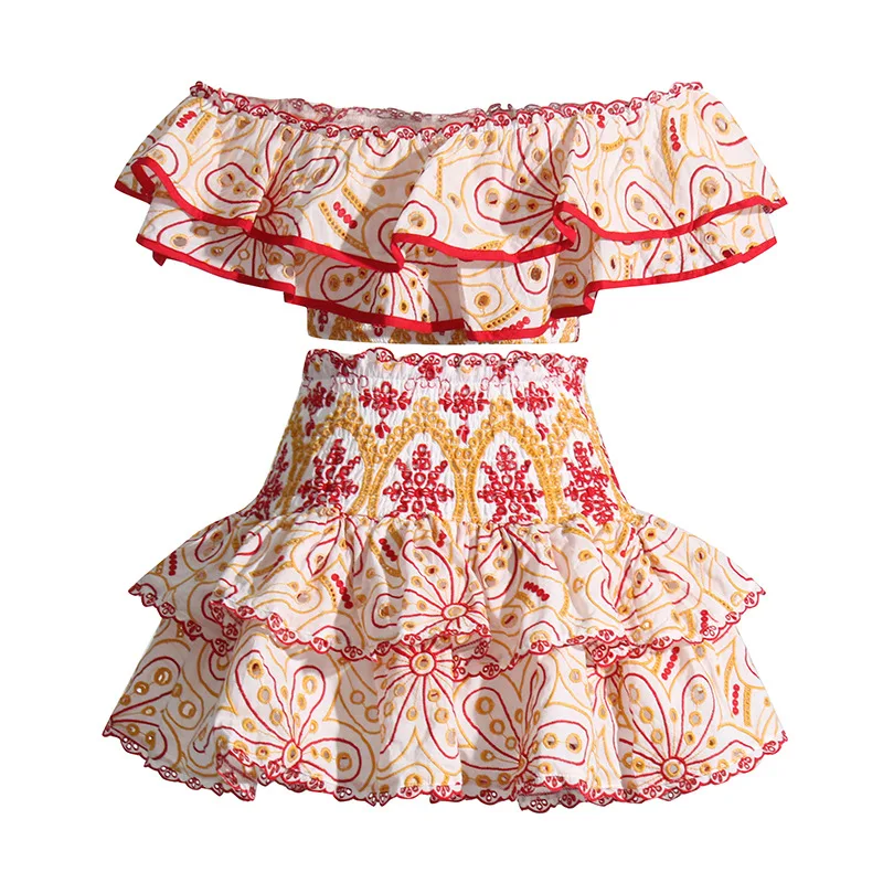 JAMERARY Fashion Two Piece Women dress Summer Sexy Beach Wear Ruffles Crop Tops + Mini Short Cake Skirts Suits Lady