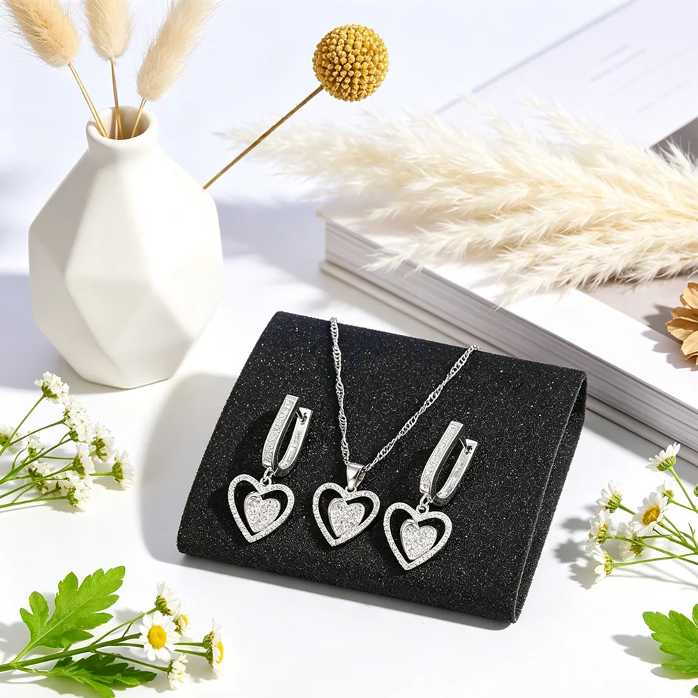 

New Luxury Genuine Pure 925 Sterling Silver Bridal Jewelry Set Heart to Heart Necklace Pendant Drop Earring for Wedding