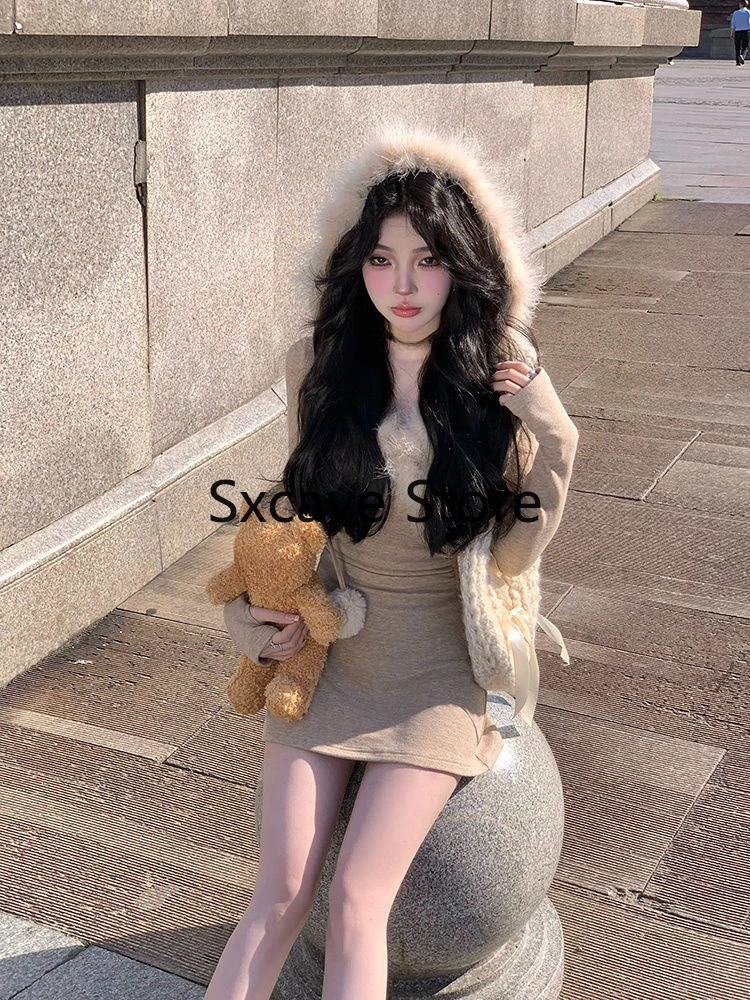 2023 Autumn Elegant Knitted Short Party Dress Women Casual Long Sleeve Sweet Bodycon Y2k Mini Dress Hooded Faux Fur Korean Chic