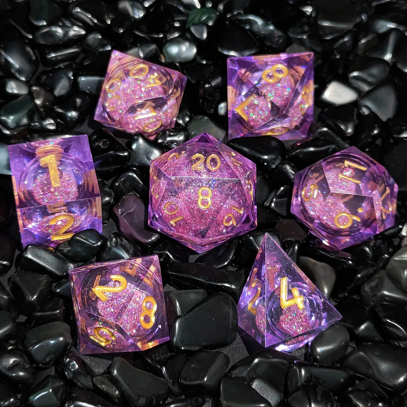 7pcs Purple Golden Quick Sand Resin DND Sharp Edge Dice Set for Dungeon and Dragon RPG Board Game Role-playing D&D Dice D4~D20