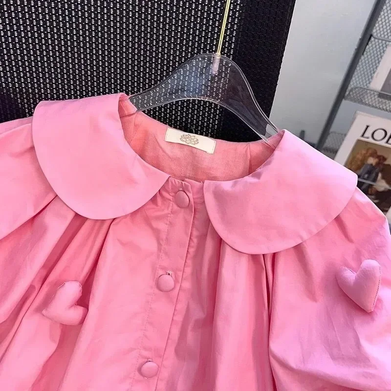 New Summer Cute Girls Dress Heart Shaped Doll Decoration Lapel Collar Single buckle Design Pink Princess Dress For Girls