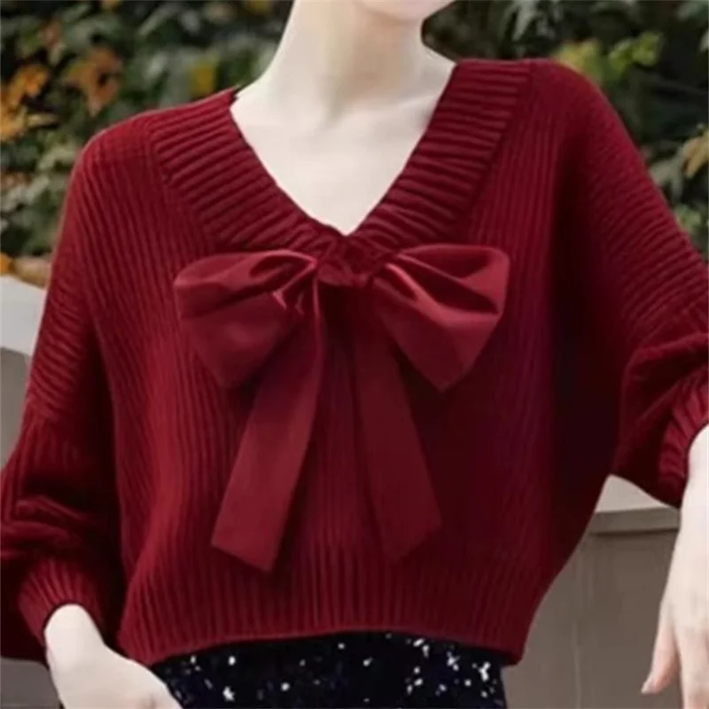 

Ankgor Red V-Ne ort Sweater Jaet Women's Autumn Winter Cisas Inner Wear Outer Wear Snake Year Zodiac Top