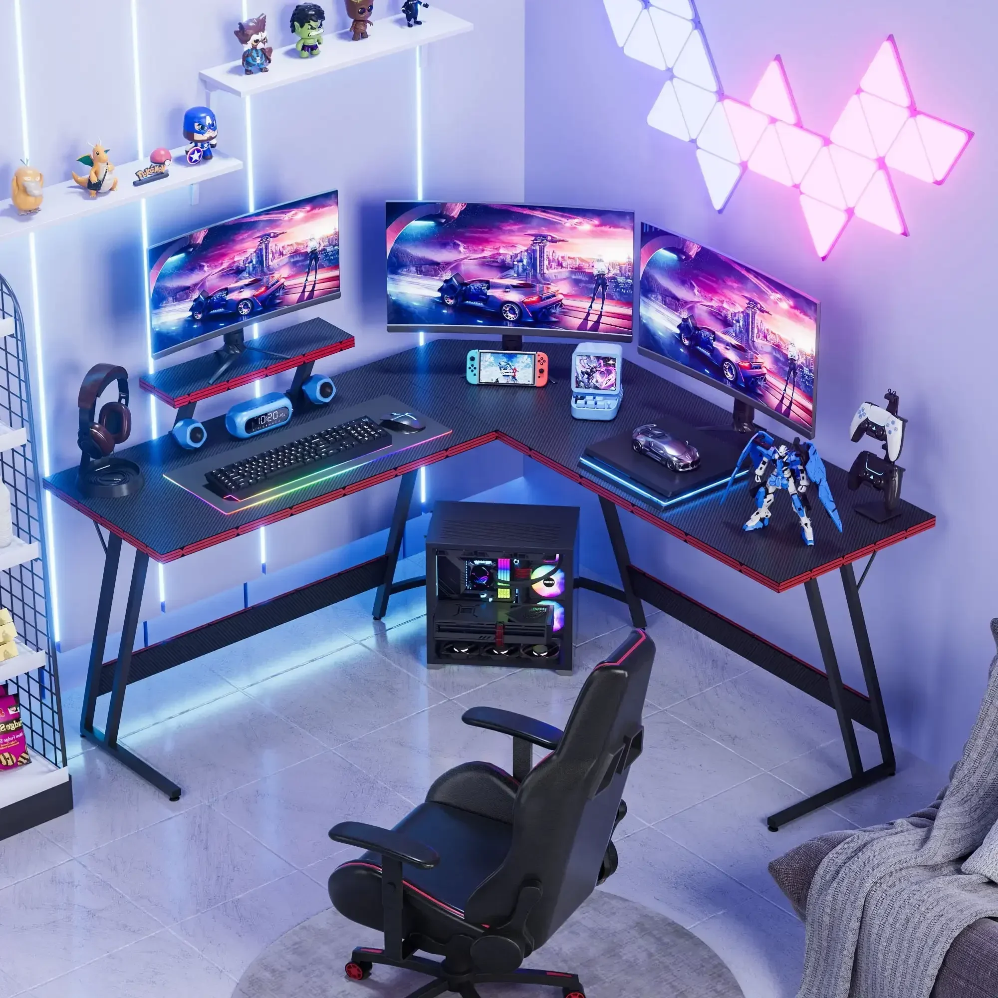 

51-inch L-Shaped Gaming Desk with Carbon Fiber Corner Computer Desk with Monitor Stand,Black
