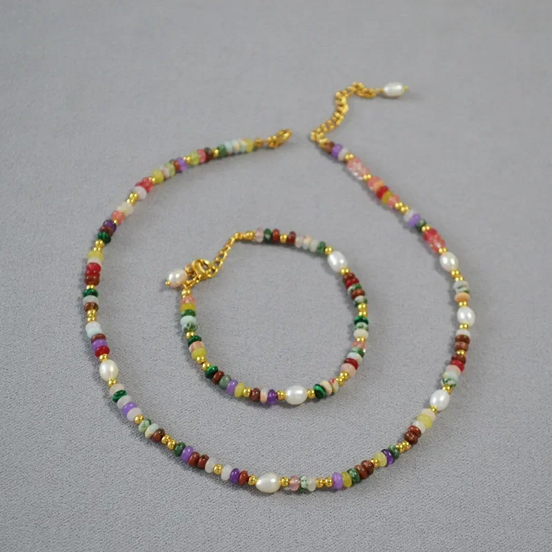 Tourmaline Stone Freshwater Pearl Necklace Spring and Summer Bohemian Beaded Necklace Versatile Premium Light Luxury Clavicle