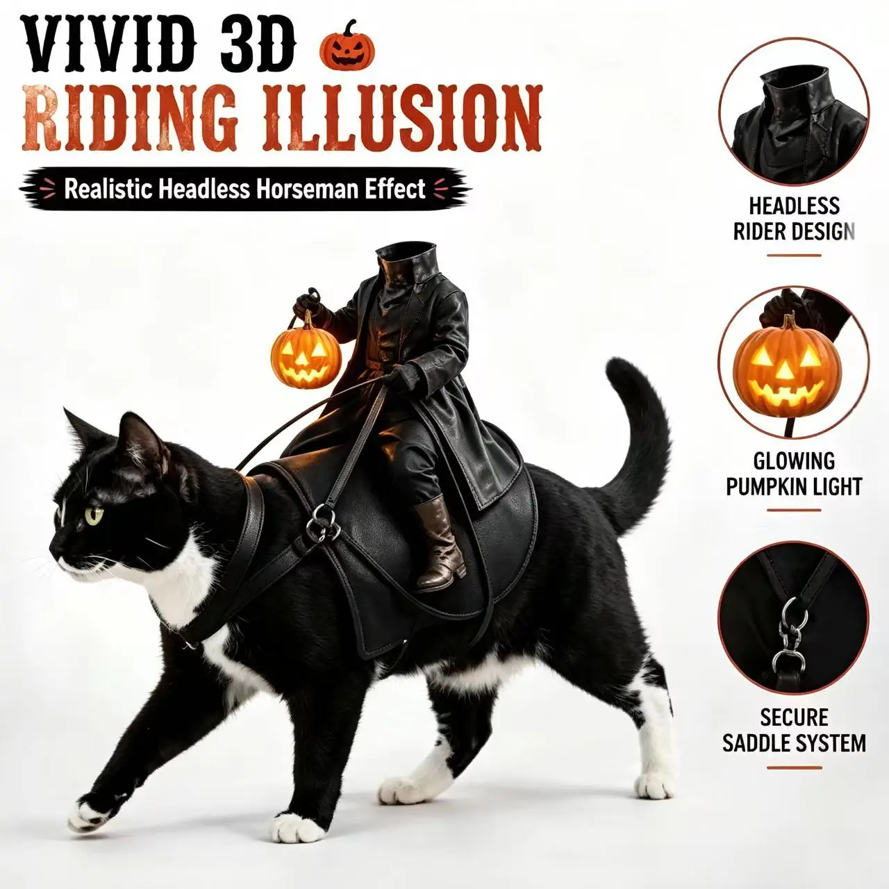 Headless Horseman Cat Halloween Costume Funny Pet Riding Outfit with Glowing Pumpkin Dog Halloween Apparel Desk Decoration