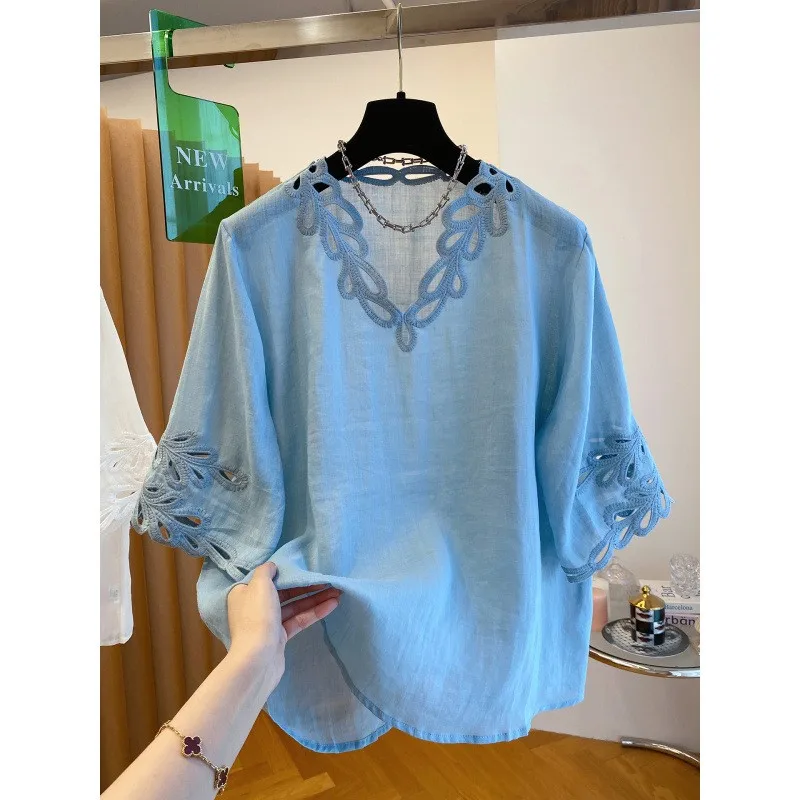 

Summer Women's Clothing Cotton Linen Blouse Loose Floral Print Shirt For Woman Elegant OL Casual Wear Long Sleeve Button Up Top