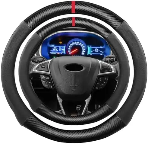 

Suede Carbon Fiber Steering Wheel Cover - 15" Non-Slip, Soft Touch, Universal Fit for Cars