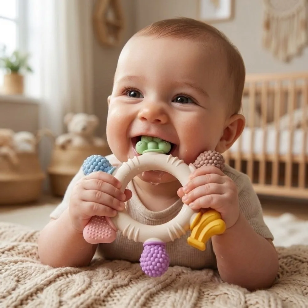 Cartoon Circular Ring Baby Teething Toy Fruit Safe Material Chew Tool Soothing BPA Free Teether Bath