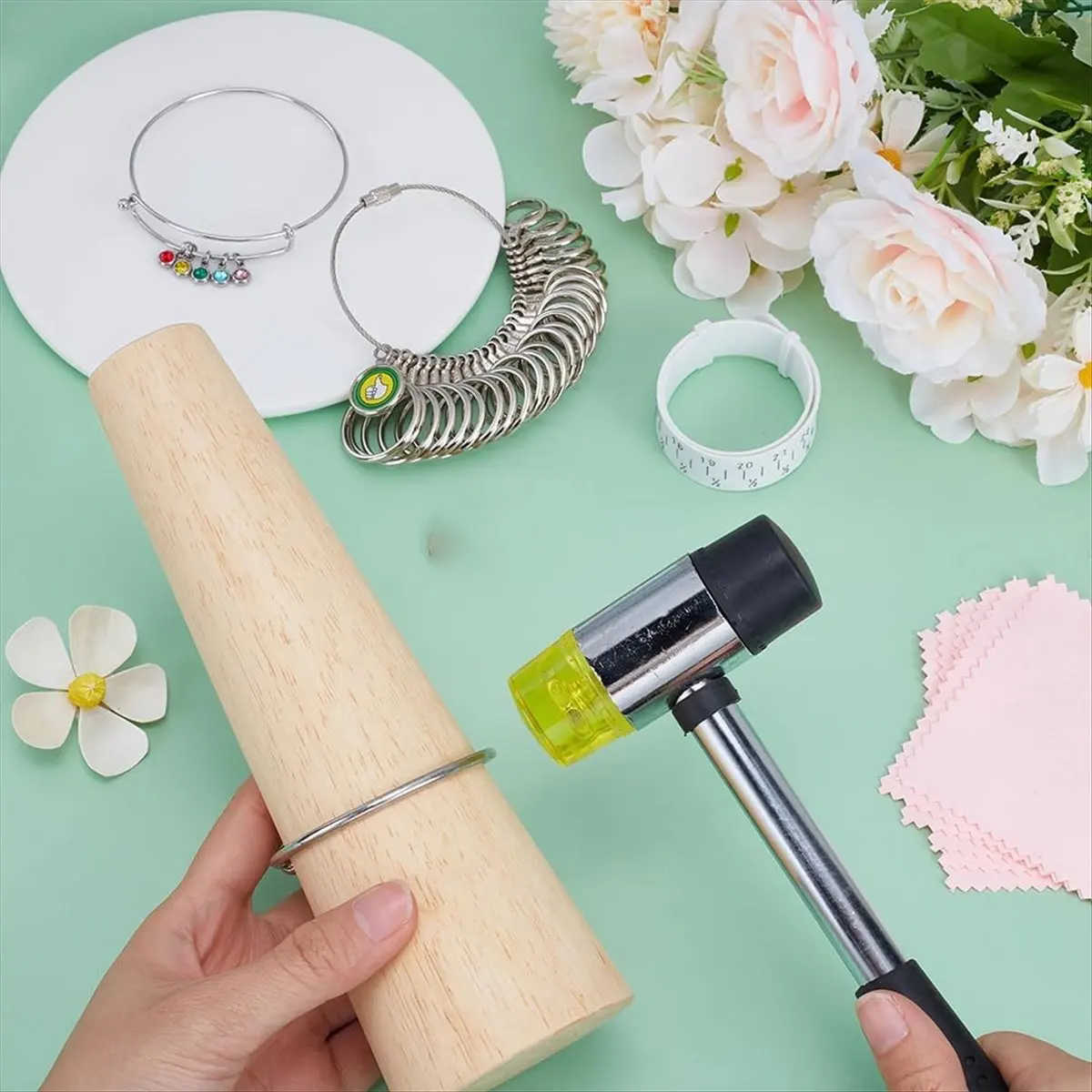 TOP RATED~5 Pieces Jewelry Sizing Set, Finger Size Ring Measuring Tape Hammer for DIY Jewelry Making Repair