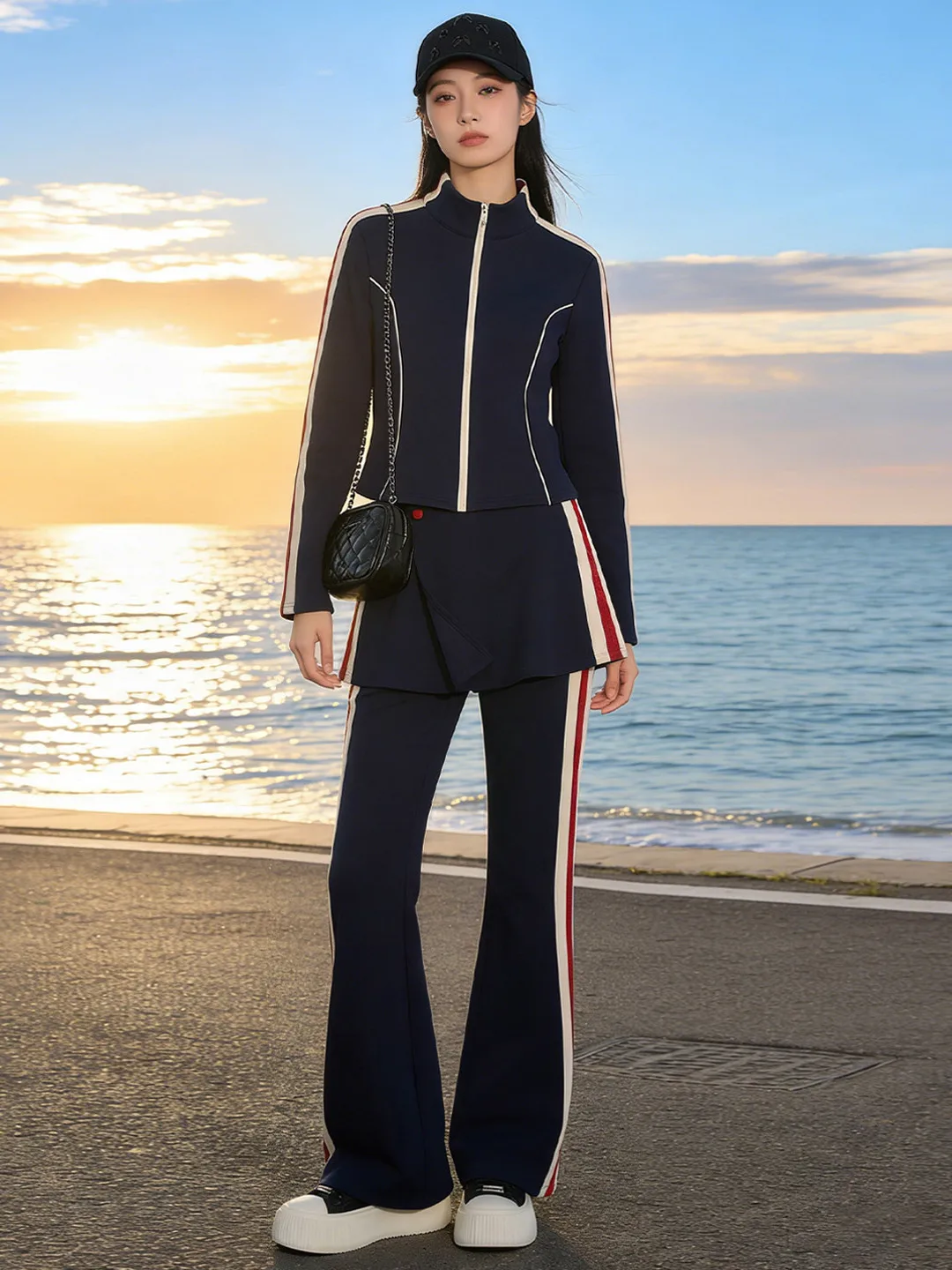 

Cool Sporty Casual Women's Set Spring 2026 High Waist Bell Bottom Pants Cardigan Design Two Piece Set Comfortable Long Sleeve