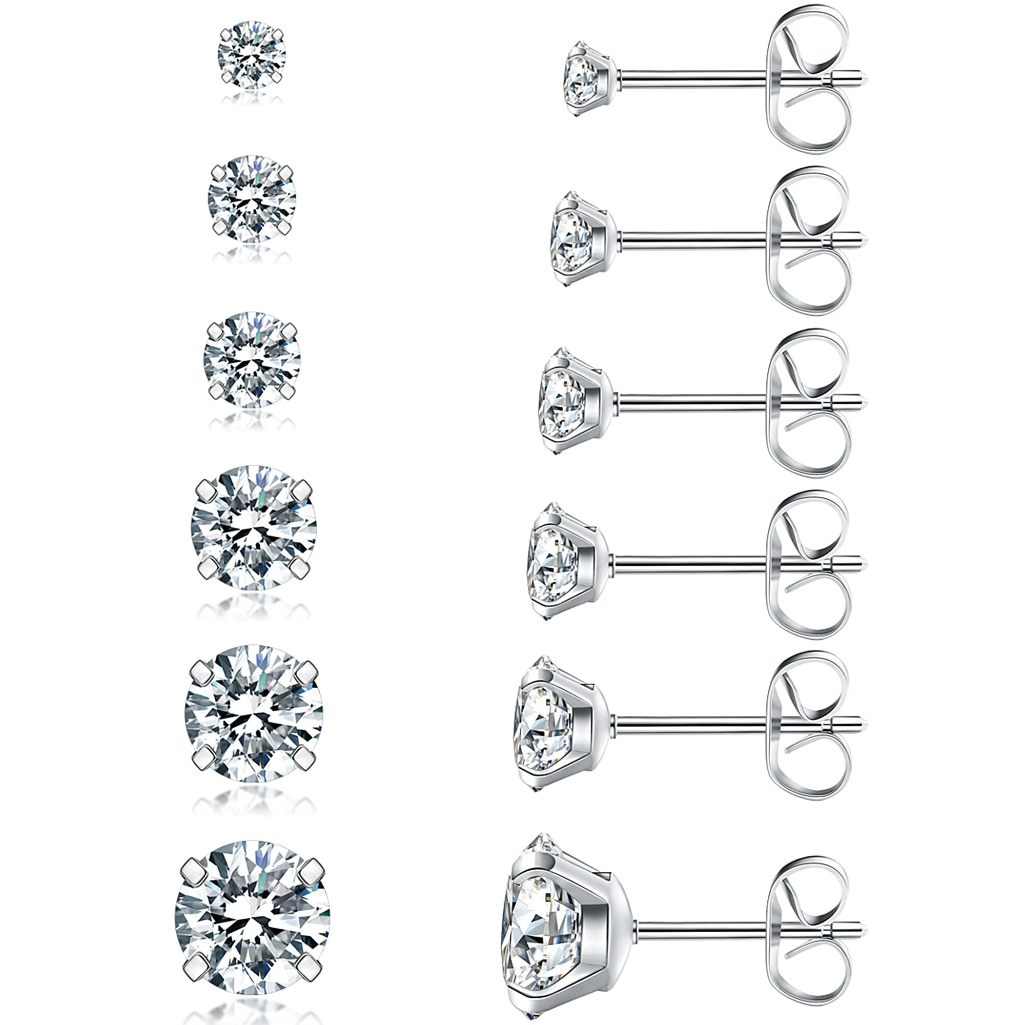 1 Pair Stud Earrings Hypoallergenic Cubic Zirconia 316L Earrings Stainless Steel CZ Earrings 3-8mm For Women and Men
