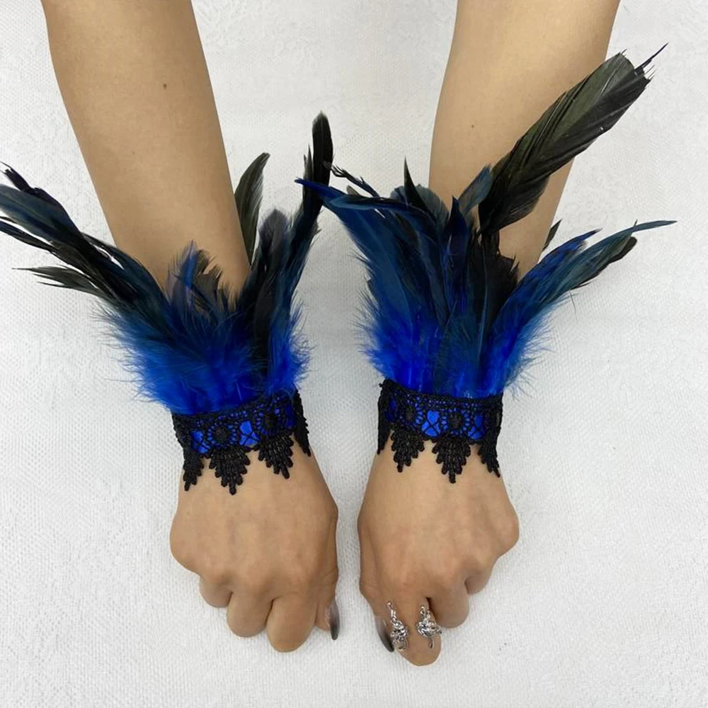 Punk Gothic Gloves Feather Wrist Cuff Stage Show Showgirl Natural Dyed Rooster Feather Arm Warmer Party Cosplay Costume