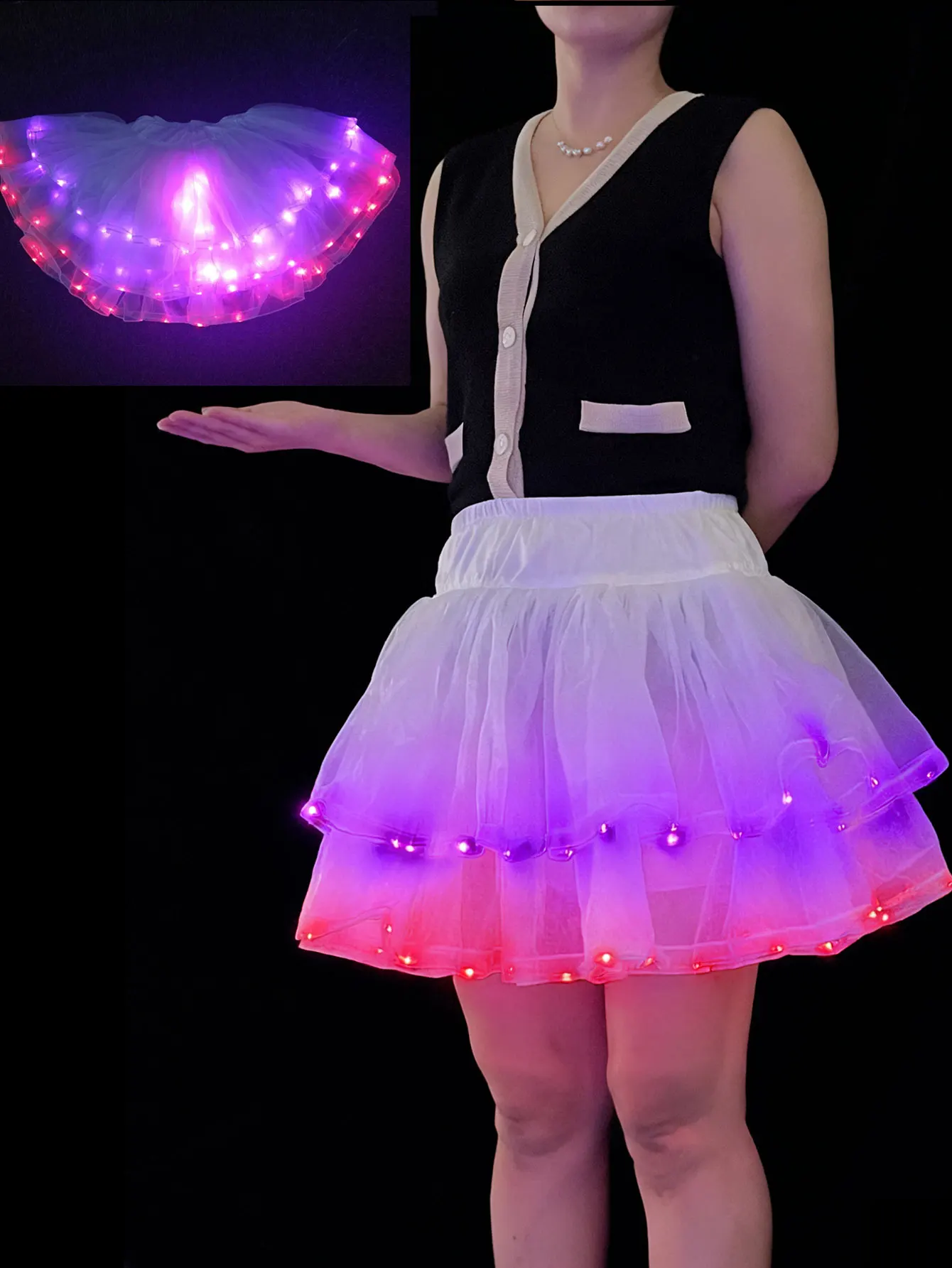 Abito da vestire a LED, costume da cheerleader, decorazione per feste, abito da ballo color block [venduto senza batterie]