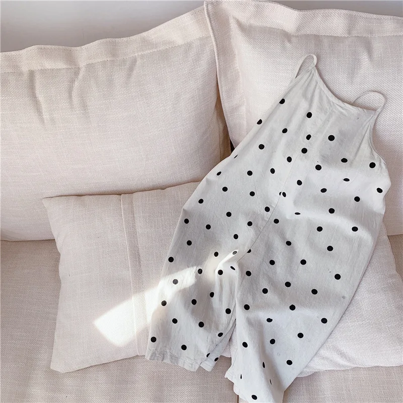 2026 Summer New Korean Style Toddlers Girls Polka Dots Sling Jumpsuits Cotton Linen Toddlers Kids Backless Overalls