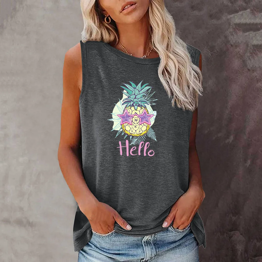 Seeyoushy Hello Funny Pineapple Print Y2K Aesthetic Top Summer Loose Casual Women's T-shirt Women's O Neck Sleeveless T-shirt