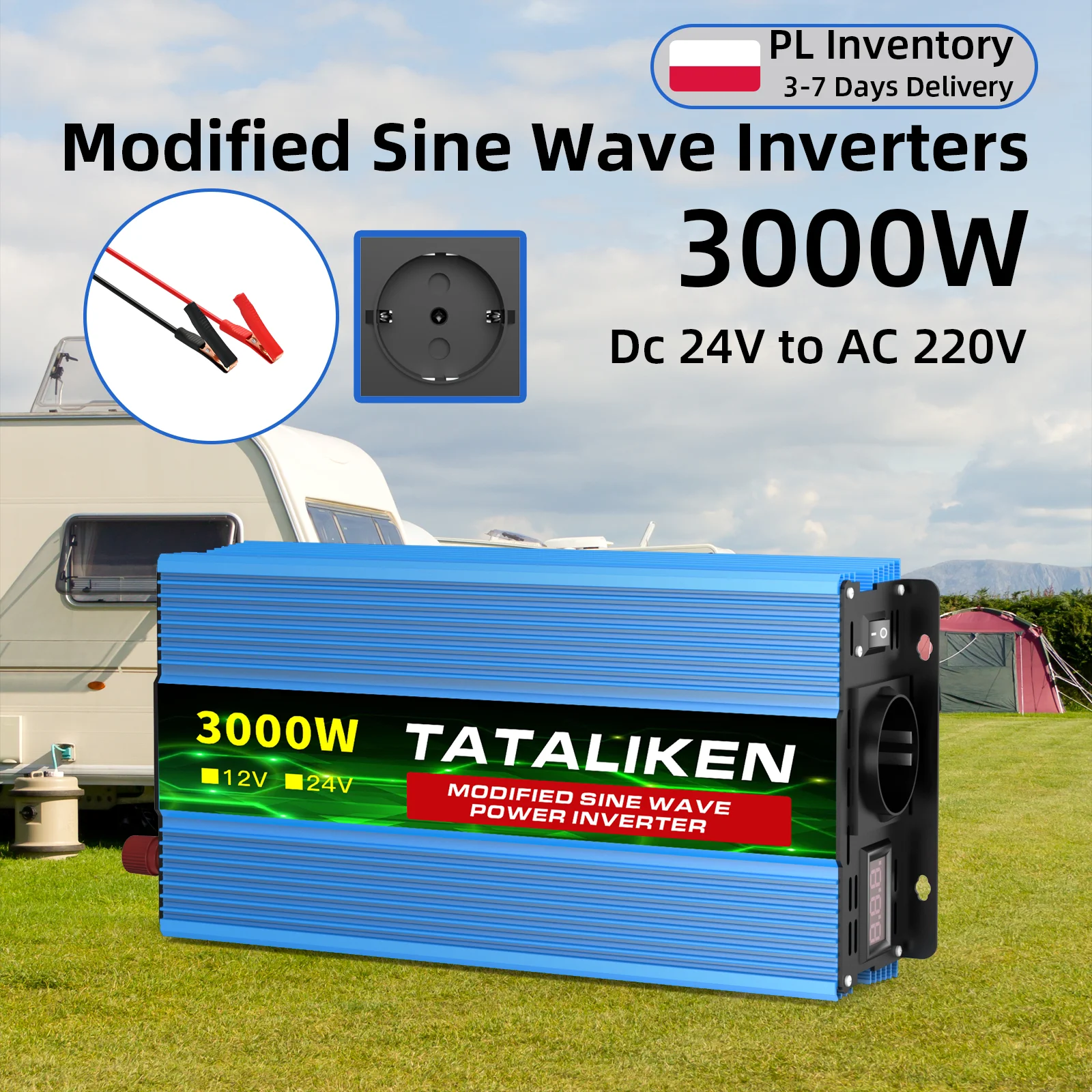 3000W Stromwandler 24V auf 220V mit Digitalanzeige und Intelligenter Temperaturregelung für Handy, Tablet, Kamera und Auto