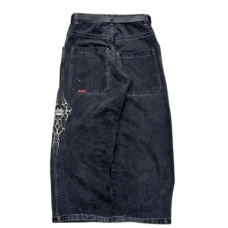 JNCO-Harajuku Retro Bordado Calças Jeans Baggy para Mulheres, Cintura Alta, Calças Largas, Streetwear Gótico, Calças Hip Hop, Y2K, Preto, Novo