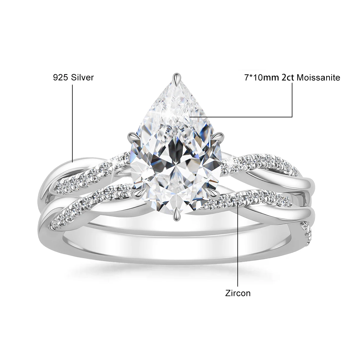 2-teiliges Brautring-Set aus 925er Sterlingsilber, stapelbare Verlobungs- und Eheringe mit 2 Karat Birnenschliff-Moissanit, Stapelringe für Sie – Detail 1