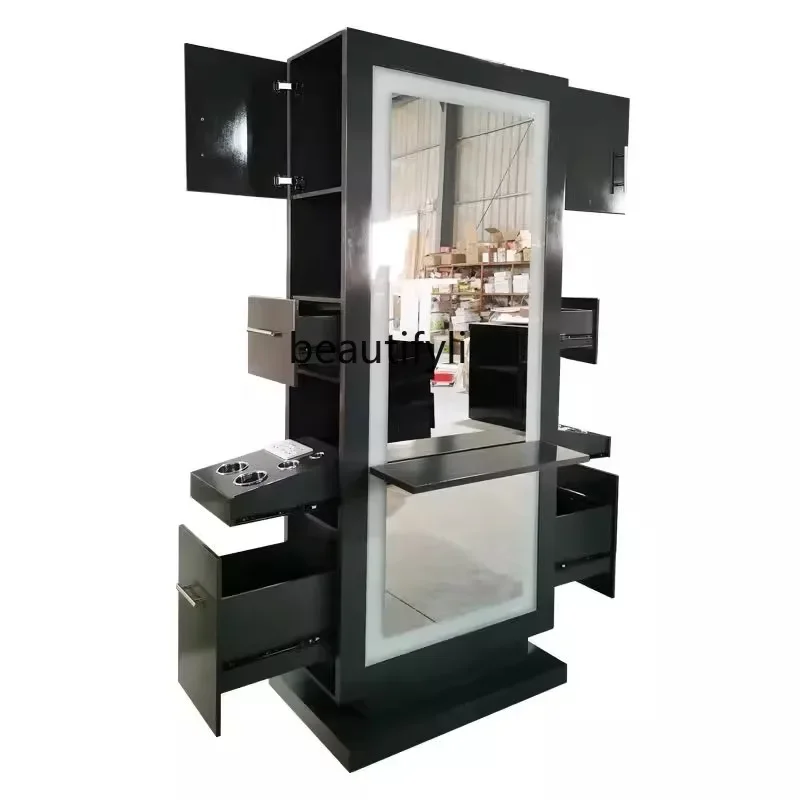 SS NewBarber shop mirror counter cabinet integrated desktop double-sided hairdressing mirror hair salon special makeup with ligh