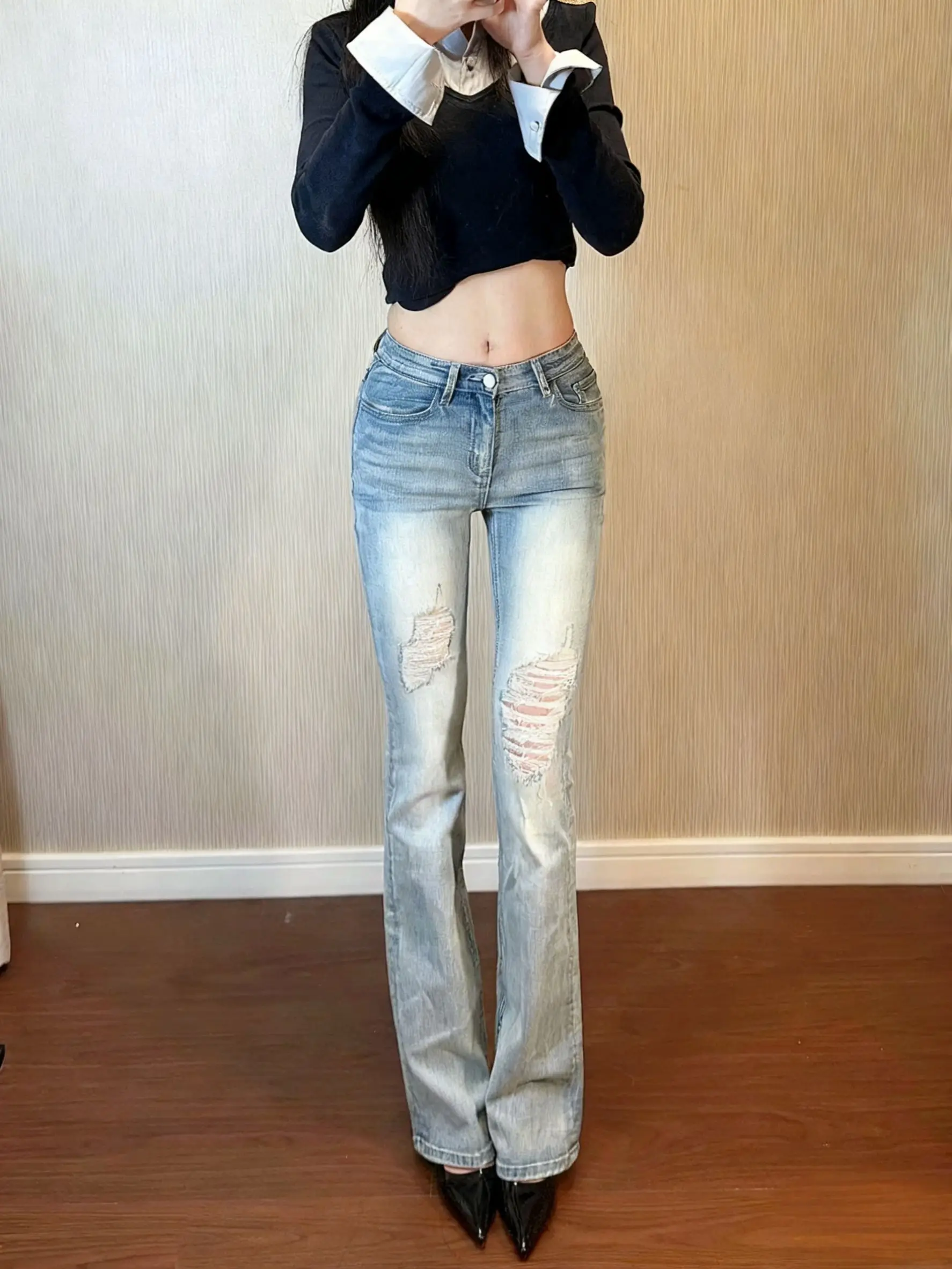 

Ретро джинсовые шорты с высокой талией, расклешенные, с эффектом удлинения ног, утягивающие, эластичные, из синего денима, для женщин, осенняя коллекция