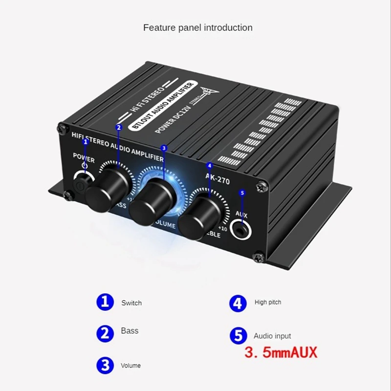 Mini Amplificador de Potência HiFi, AK-270, AK270, 12V, Áudio Home Car Theater, 2 canais, USB, SD, Entrada AUX