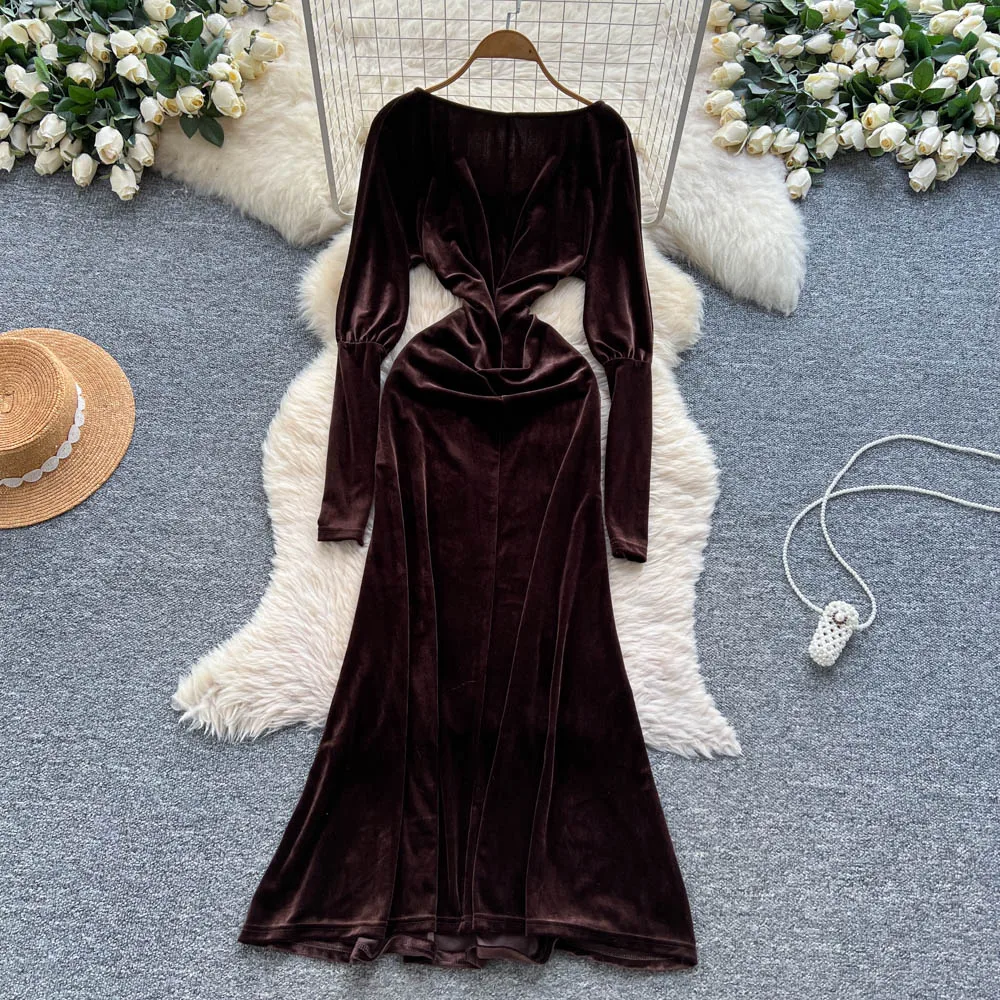 فستان أنيق مثير بأكمام طويلة من القطيفة مطوي فساتين حفلات النادي فستان صيفي للسيدات #2