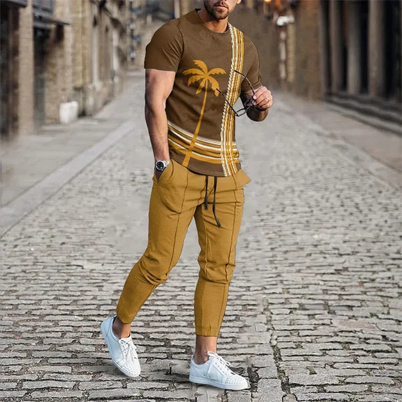 Conjunto de camisetas y pantalones de chándal con estampado 3D de árbol de coco Hawaiano para hombre, camiseta de manga corta de gran tamaño, ropa