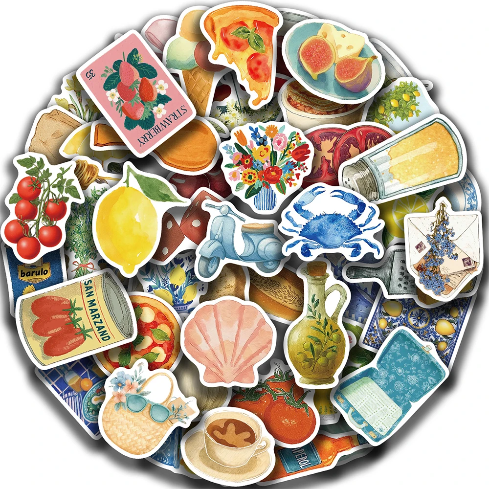 

10/30/50pcs Aesthetic Mediterranean Style Stickers Vintage Art Watercolor Food Sticker Scrapbook Phone Laptop Cartoon Decals Toy