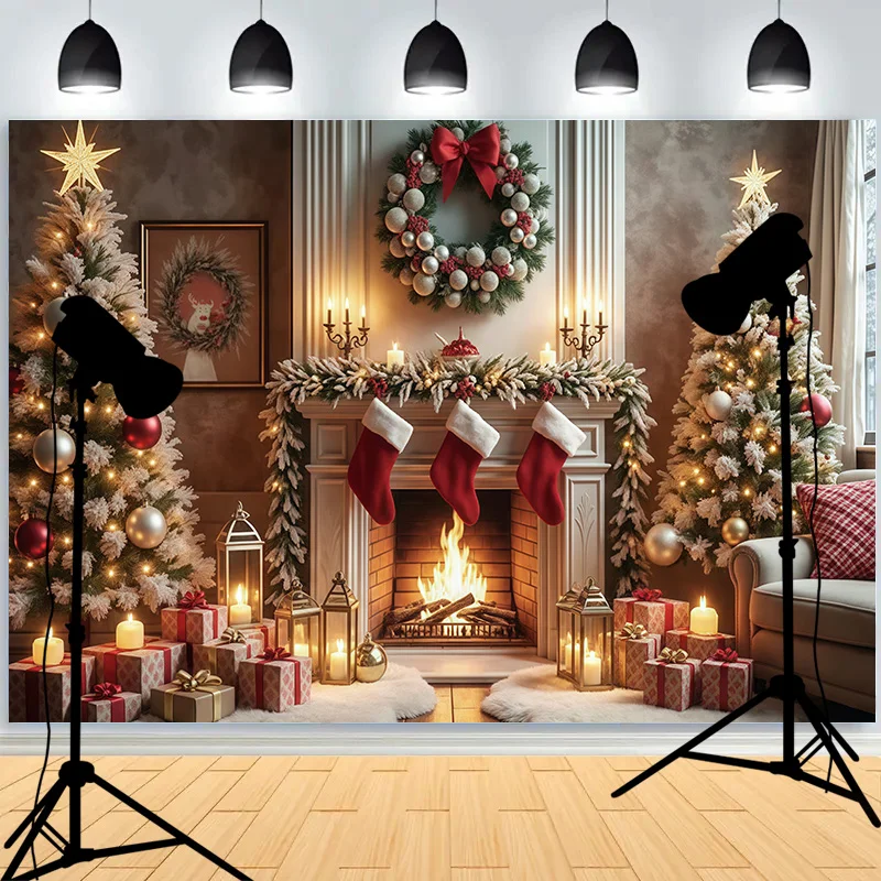 Christmas Tree String Lights Snowflake Gift Box Photography Background Fireplace Colorfast Studio Backdrops JR-09