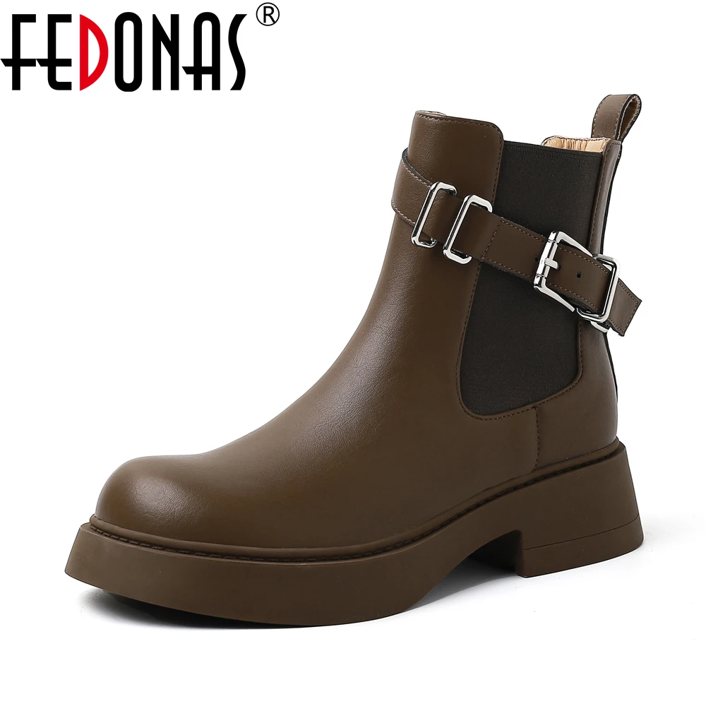 

FEDONAS Leather Shoes2024 Women's Motorcycle Boots Autumn Round Toe Solid Chunky Heels Rubber Concise Short Barrel British Boots