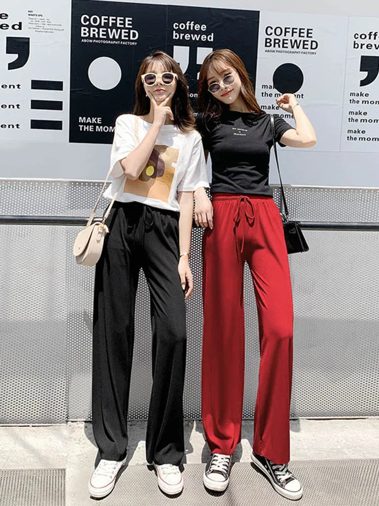 

Summer Lace Up Wide Leg Pants for Women Casual High Waist 2024 Women's Long Ice Silk Pants Pleated Loose Trousers Female Slacks