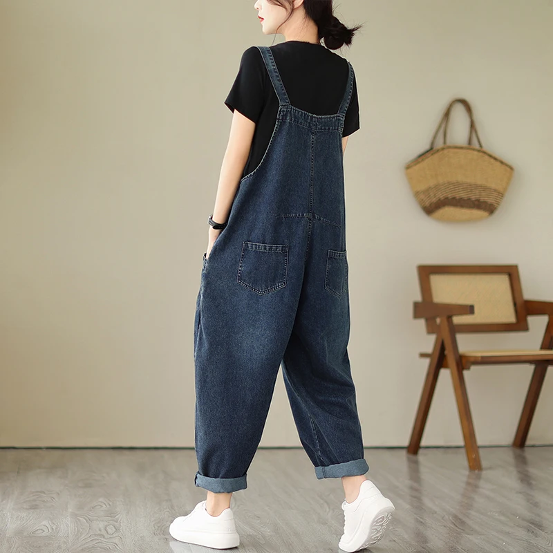 

Spring Summer New Korean Style Washed White Denim Overalls Loose Plus Size Simple Multiple Pockets Jumpsuits Women's Trendy Pant