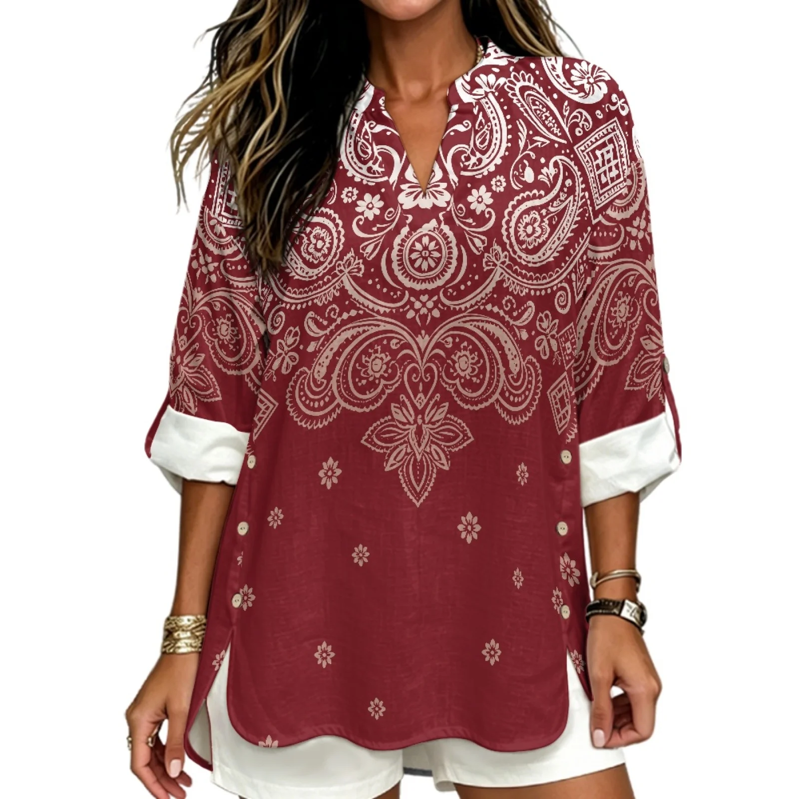 PENSTROLL Rolled Sleeve Linen-Like V Neck Tunic Tops Comfy Women's V Neck Tops for Resort Gatherings Floral Print