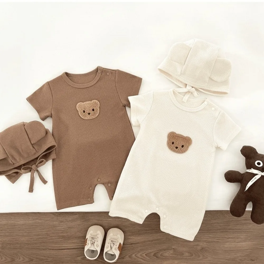 

Short Sleeve Baby Romper Soft Fabric Cute Bear Design Cartoon Bear Bodysuit Pure Cotton Waffle Texture Infant Romper
