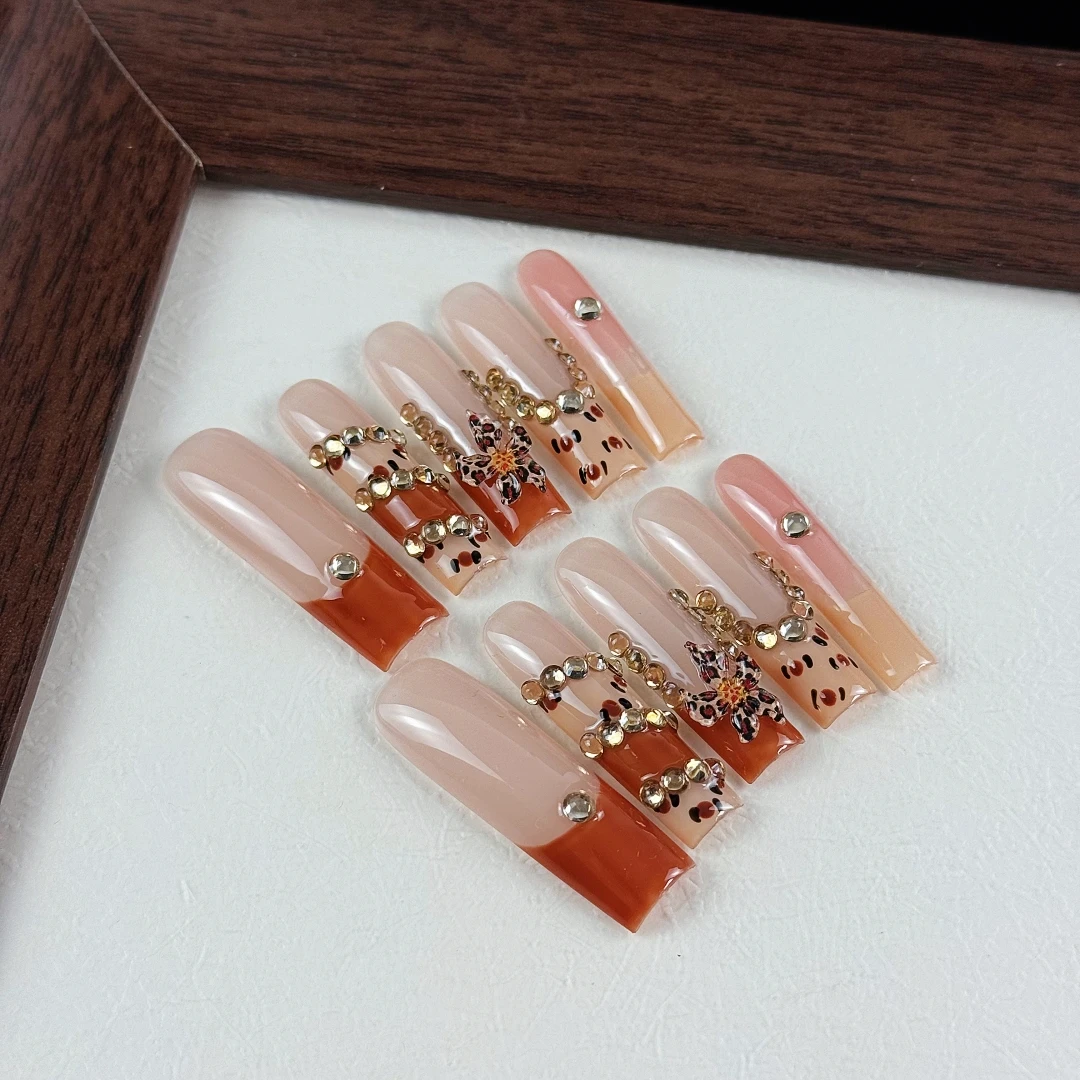 10pcs High-end Maurard color scheme, hand-painted leopard pattern, three-dimensional carving, round gold diamonds handmade fake