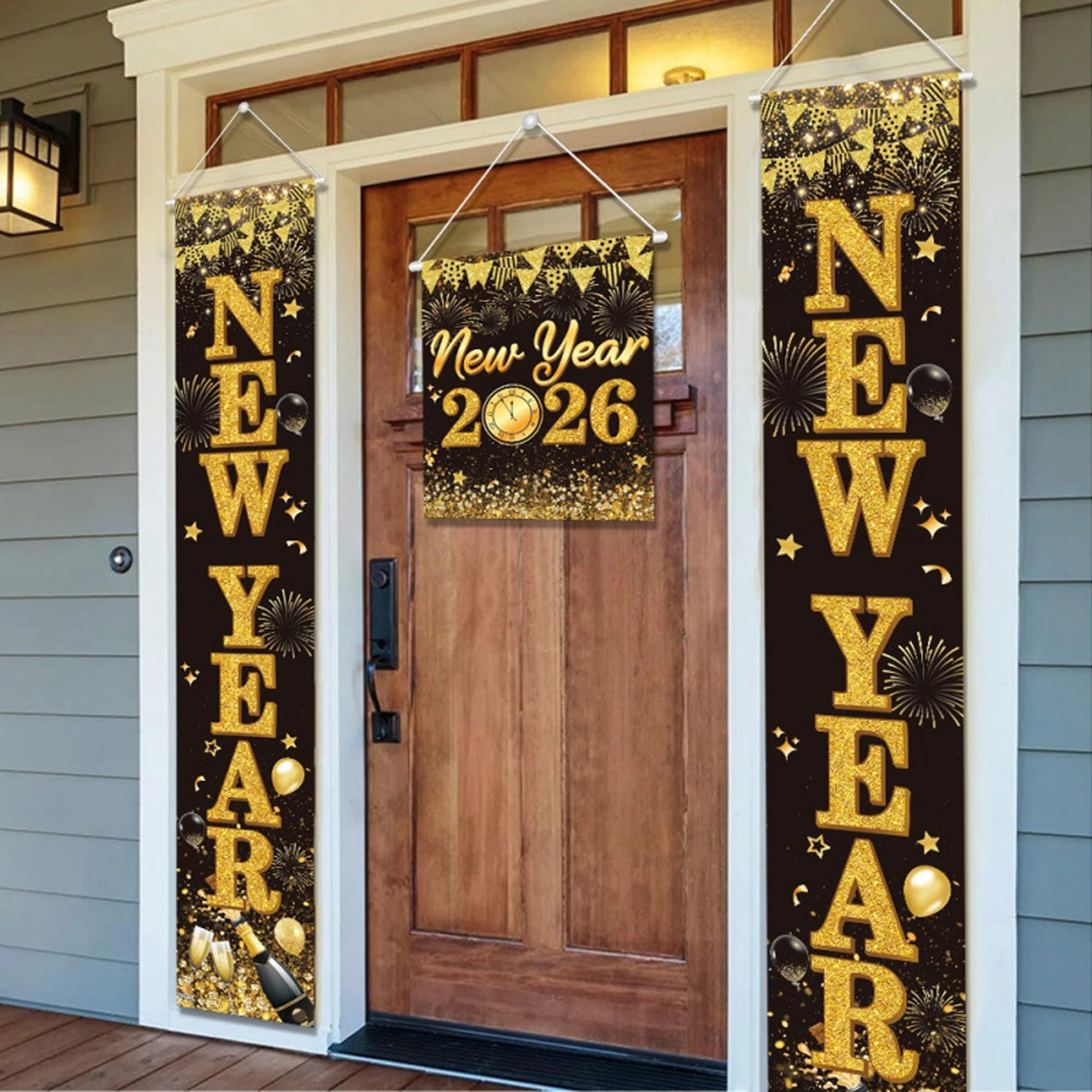 2026 زينة السنة الجديدة الذهب الأسود سنة جديدة سعيدة لافتة الباب ديكور معلق لقضاء عطلة حفلة احتفال المنزل احتفالي #5