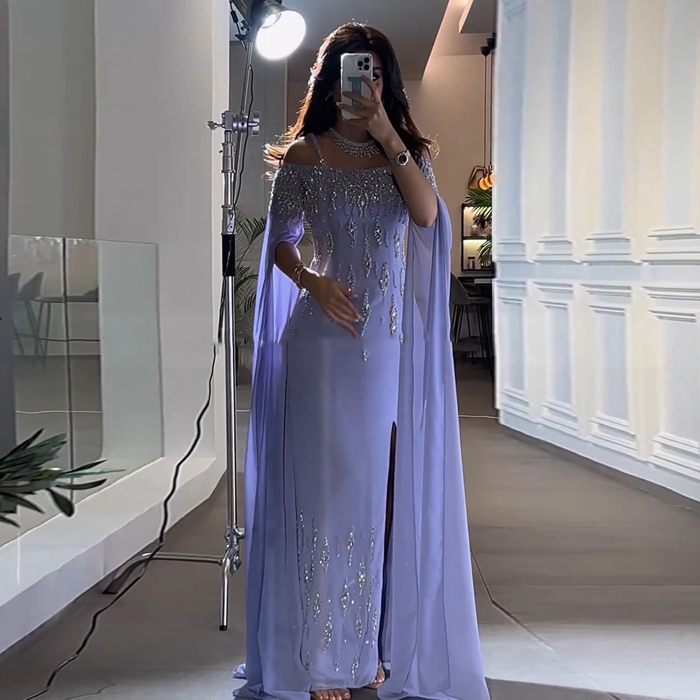 

Sharon Said Arabic Lilac Mermaid Evening Dress with Cape Sleeves Dubai Beaded Women Wedding Formal Party Gowns SS448 Customized