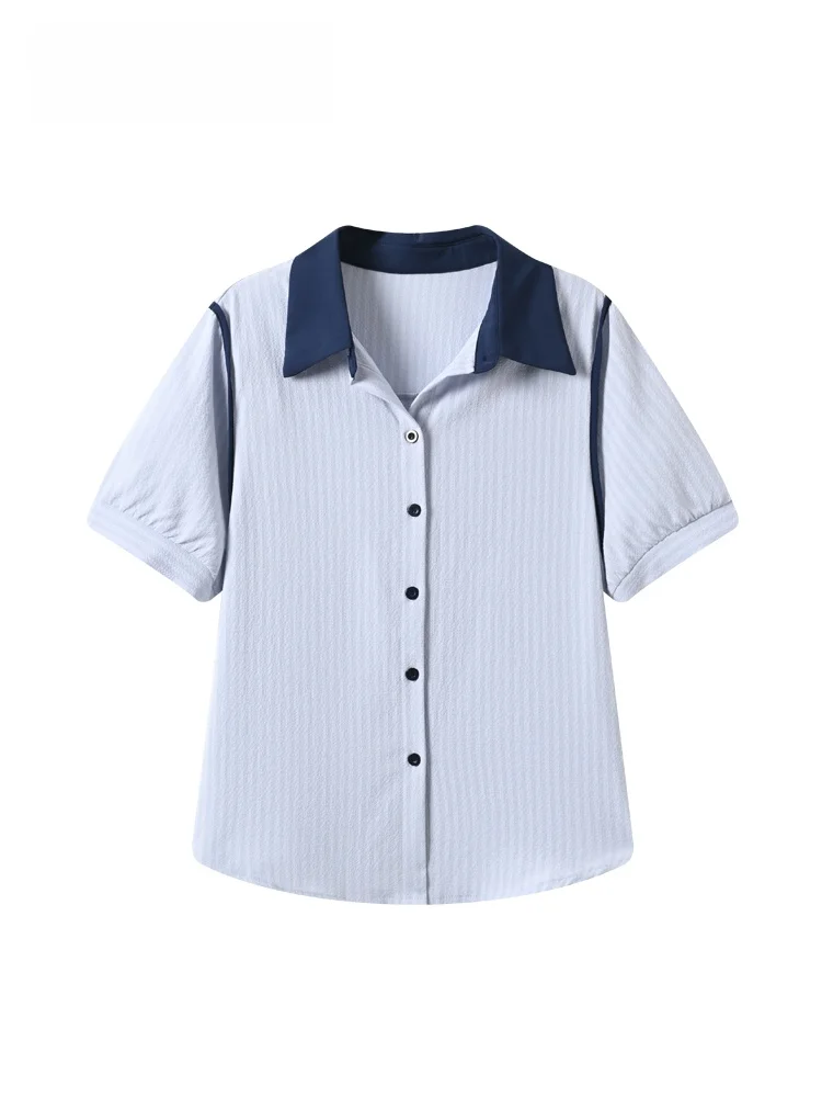 

CaraCLUB Summer New plus Size Women's Shirt Casual Style Short Sleeve Collar Splicing Design Age Reduction for Plump Sister