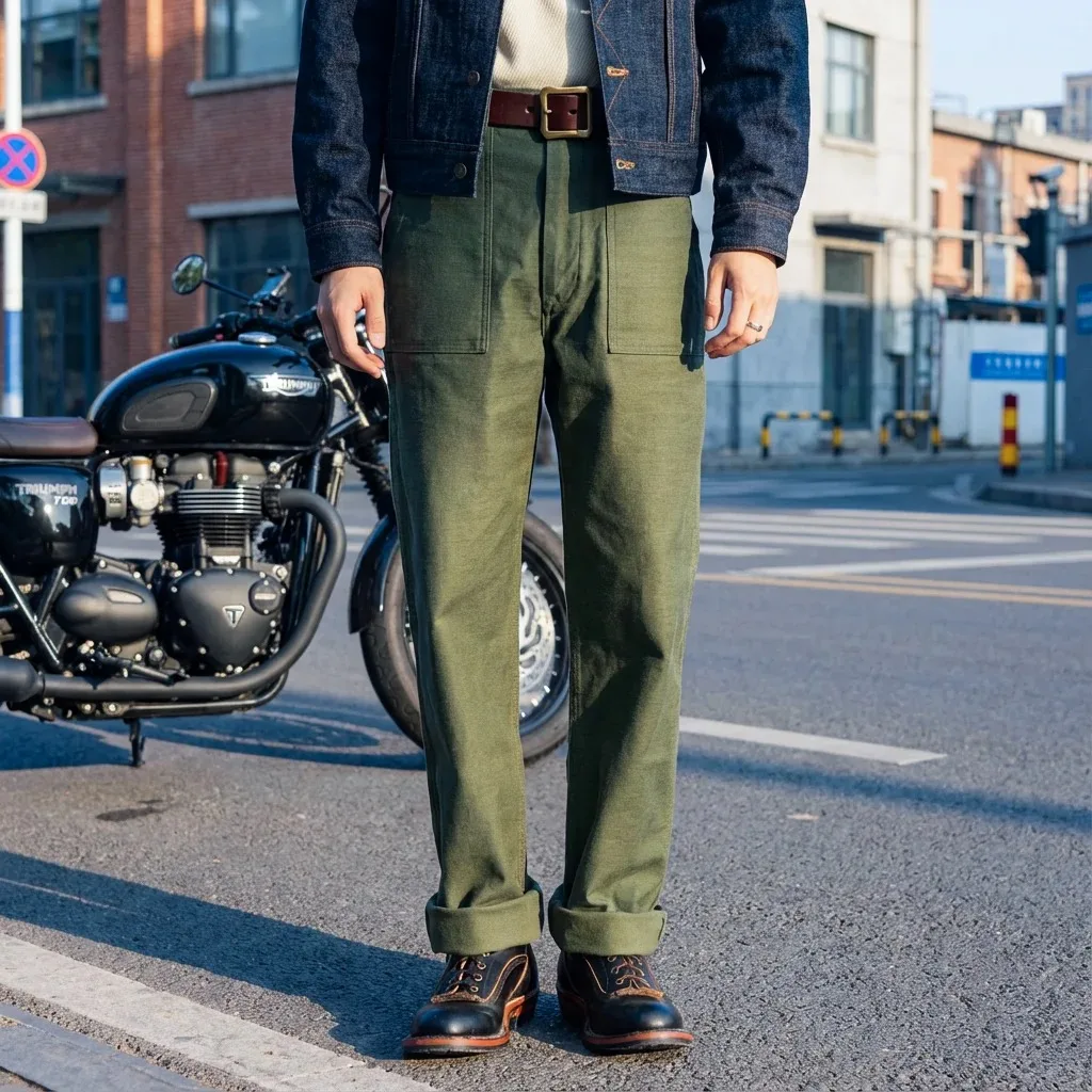SauceZhan OG107 Utility Fatigue Pants Men Classic Military Cargo Pants Olive Sateen Straight Baker Pants Vintage Workwear