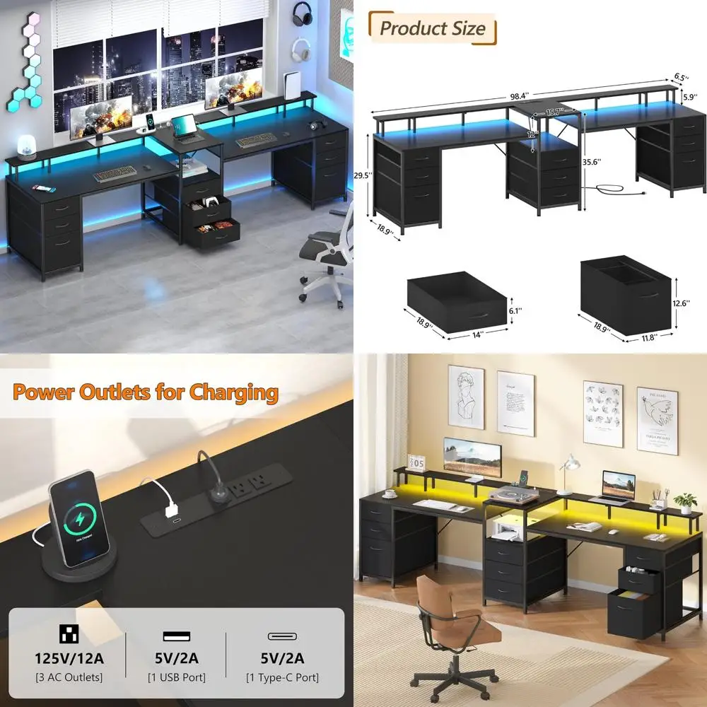مكتب كمبيوتر مضاء بإضاءة LED ثنائي الأشخاص مقاس 98.4 بوصة مع 9 أدراج ومخرج طاقة لألعاب المكاتب المنزلية
