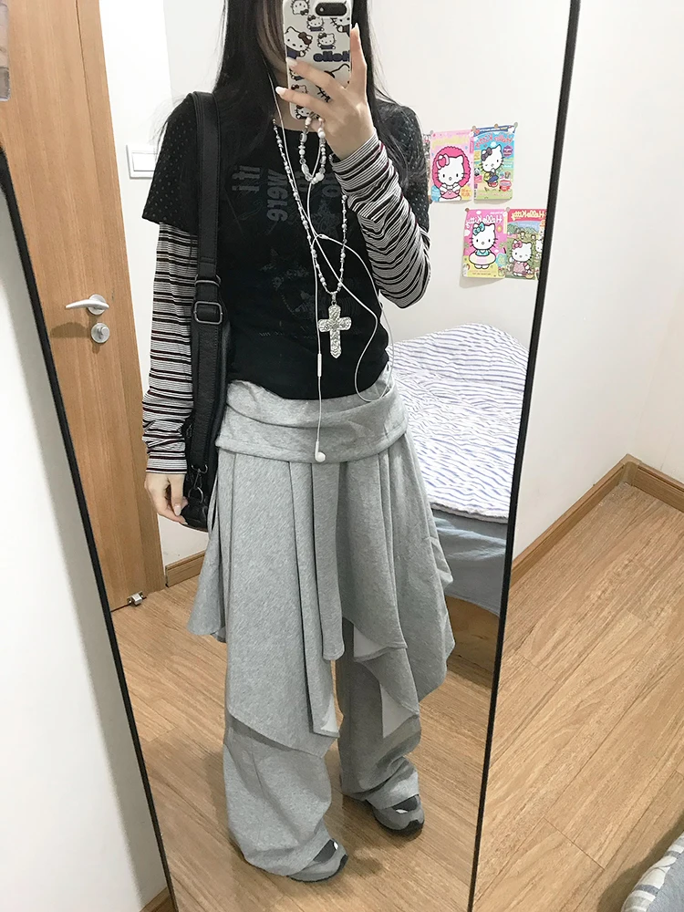 ReddaChic Szare spodnie dresowe z elastyczną talią, szerokie nogawki, asymetryczna spódnica, spodnie do warstwowego noszenia, grunge, koreańskie ubrania damskie