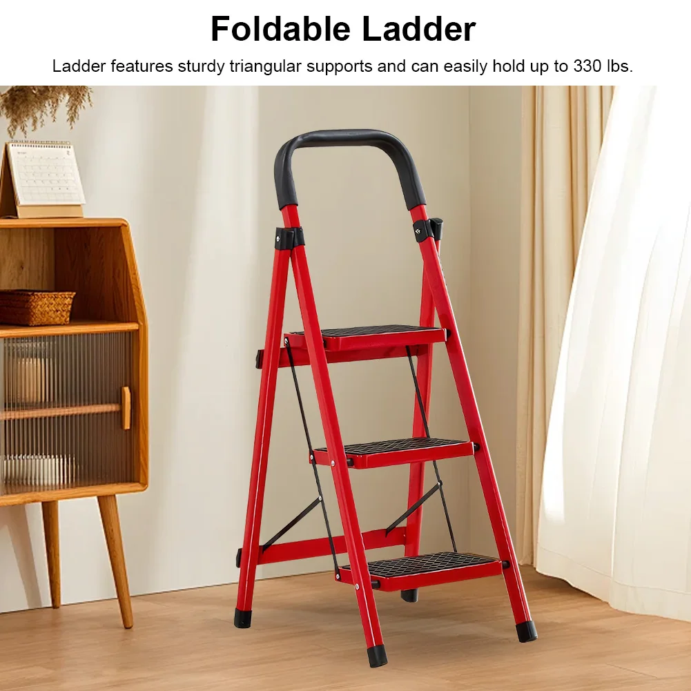 

3 Step Folding Ladder Sturdy Steel Ladder Max Load Capacity 330lbs Sturdy& Portable Stepping Stools for Working Indoor/Outdoor