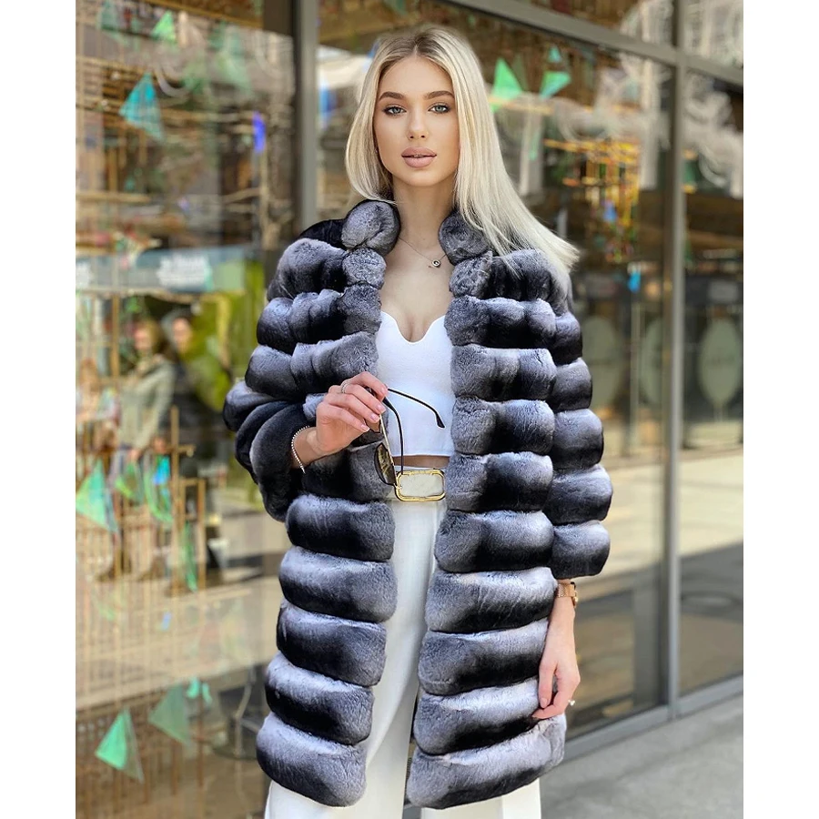 Real Fur Coat Women Chinchilla Fur Genuine Rex Rabbit Fur Coat Best Seller Long Warm Winter Outerwear