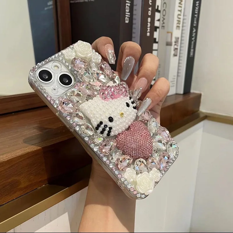 Cute Hello Kitty IPhone 16 Case Kawaii Sanrio Anime Pink Full Diamond IPhone15promax 14 13 12 Silica Gel Protective Shell Gifts